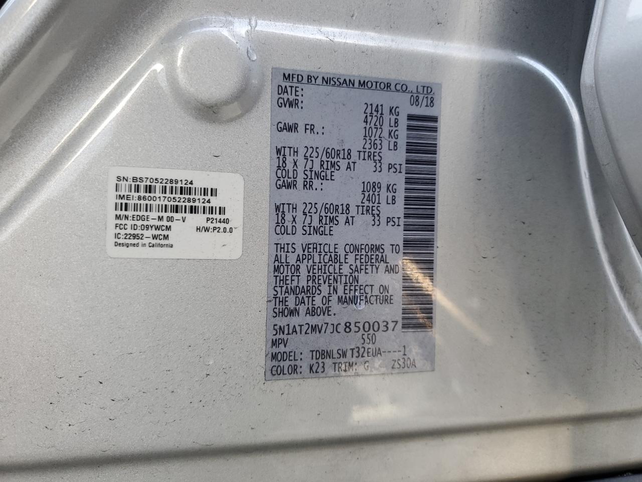 2018 Nissan Rogue VIN 5N1AT2MV7JC850037 Copart auction photo, front end damage thumbnail 13