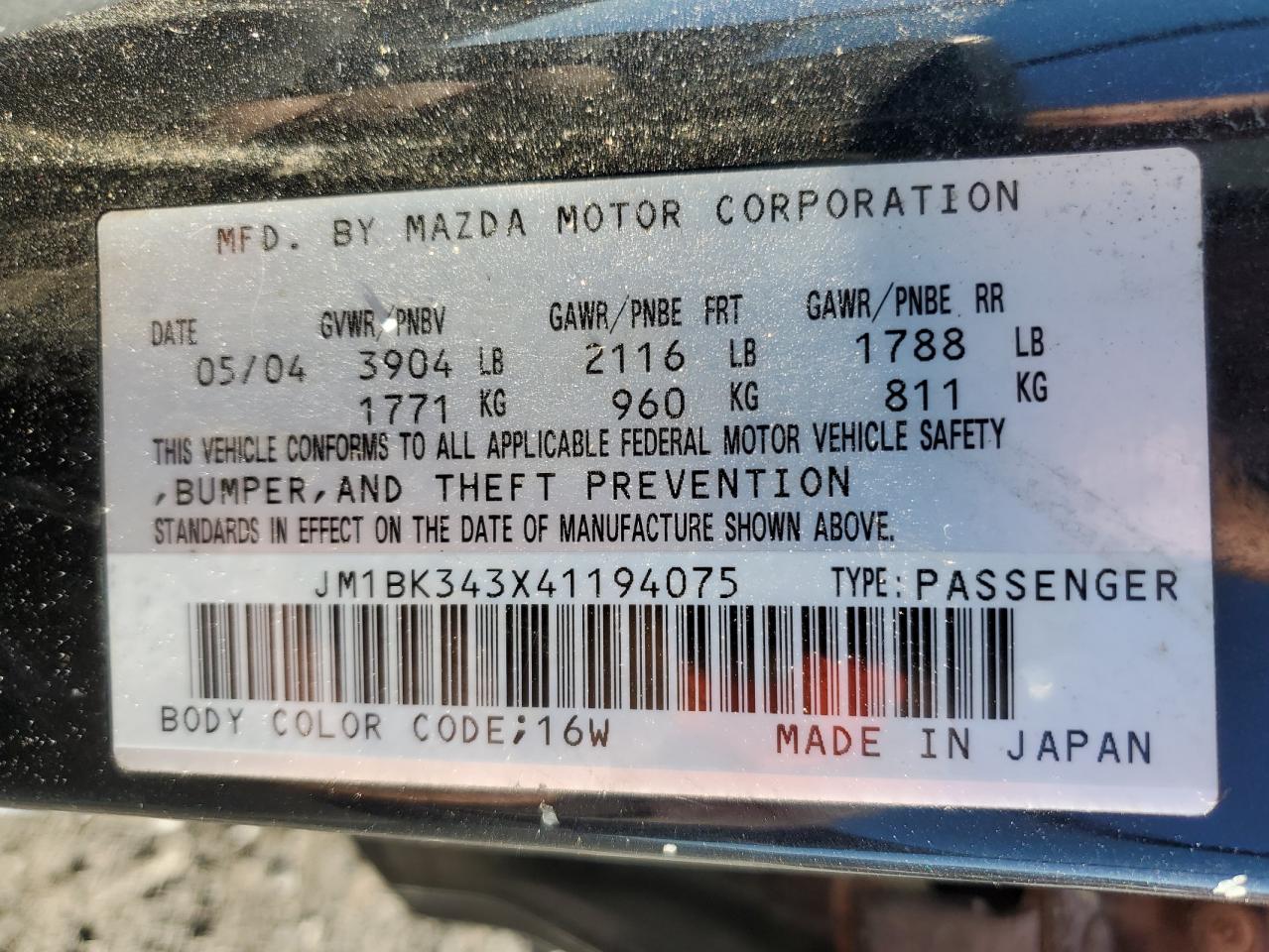 2004 Mazda 3 VIN JM1BK343X41194075 Copart auction photo, front end damage thumbnail 14