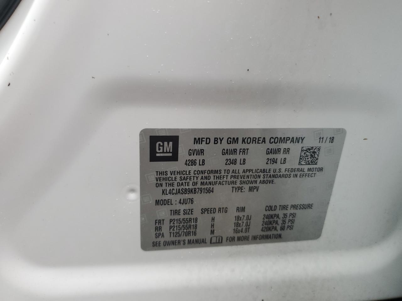 2019 Buick Encore VIN KL4CJASB9KB791564 Copart auction photo, water/flood damage thumbnail 14
