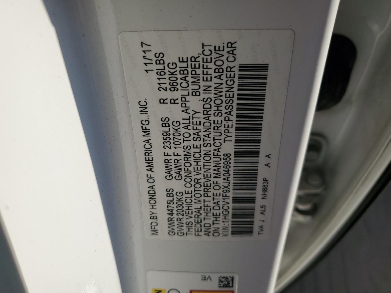2018 Honda Accord VIN 1HGCV1F9XJA046958 Copart auction photo, front end damage thumbnail 14