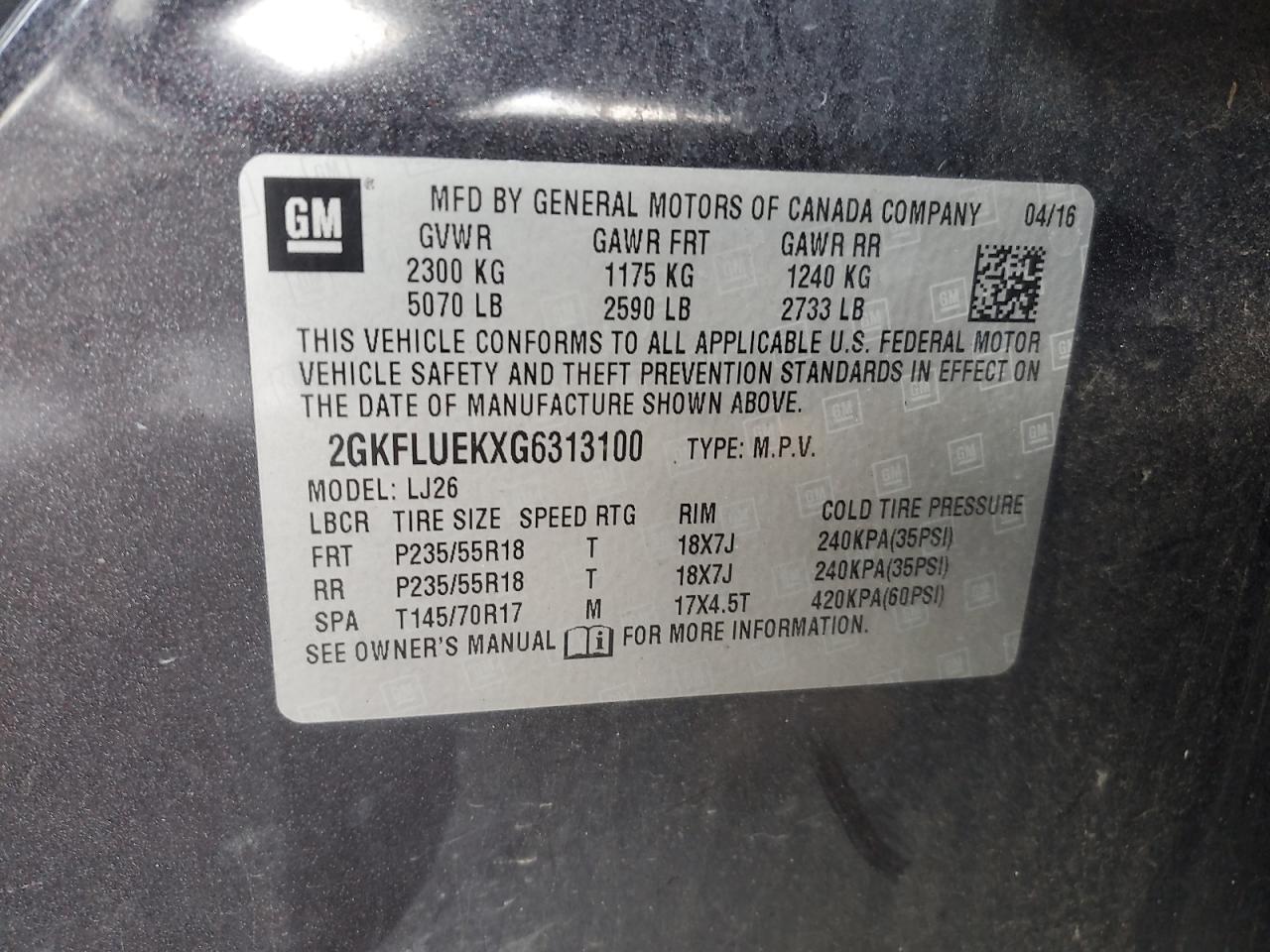 2016 GMC Terrain VIN 2GKFLUEKXG6313100 Copart auction photo, front end damage thumbnail 14