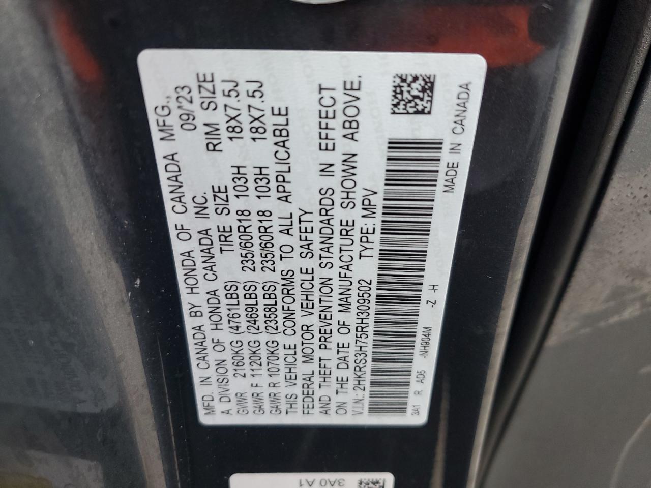2024 Honda CR-V VIN 2HKRS3H75RH309502 Copart auction photo, front end damage thumbnail 13