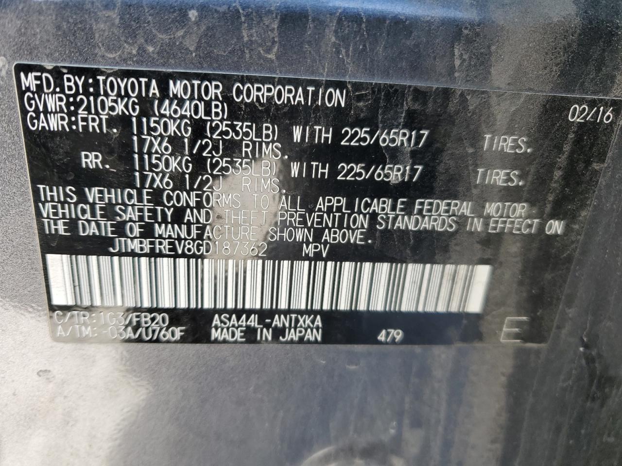 2016 Toyota RAV 4 VIN JTMBFREV8GD187362 Copart auction photo, front end / rear end damage thumbnail 13