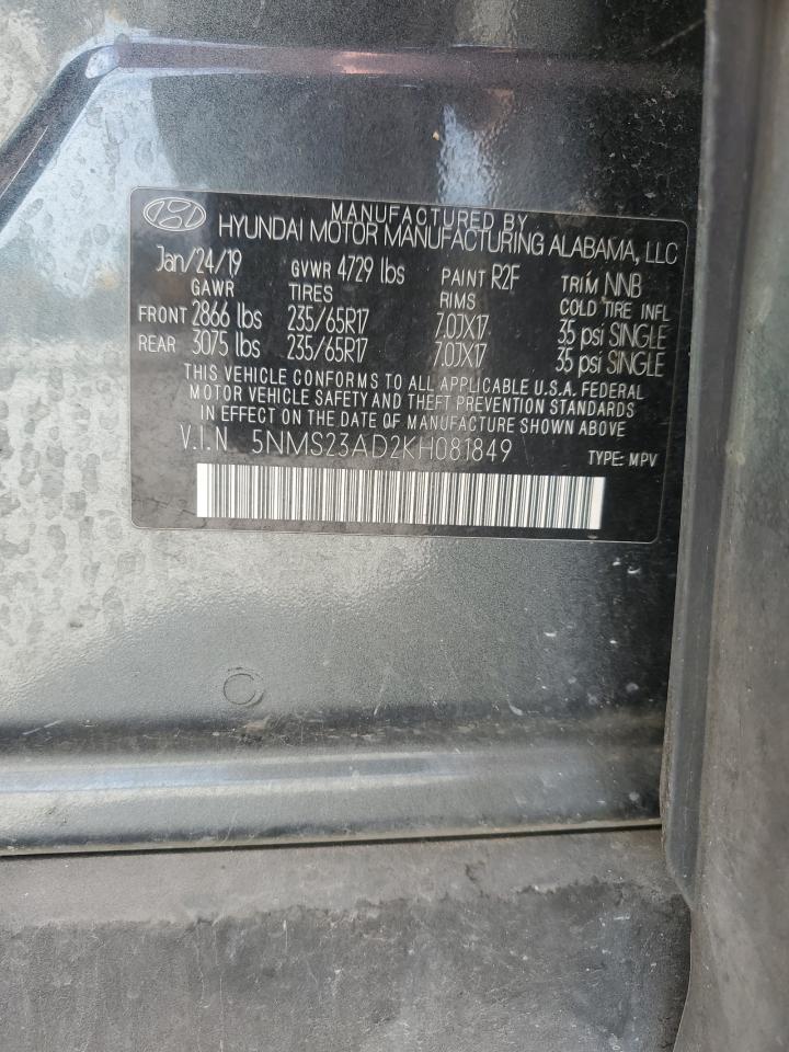 2019 Hyundai Santa Fe VIN 5NMS23AD2KH081849 Copart auction photo, side damage thumbnail 14