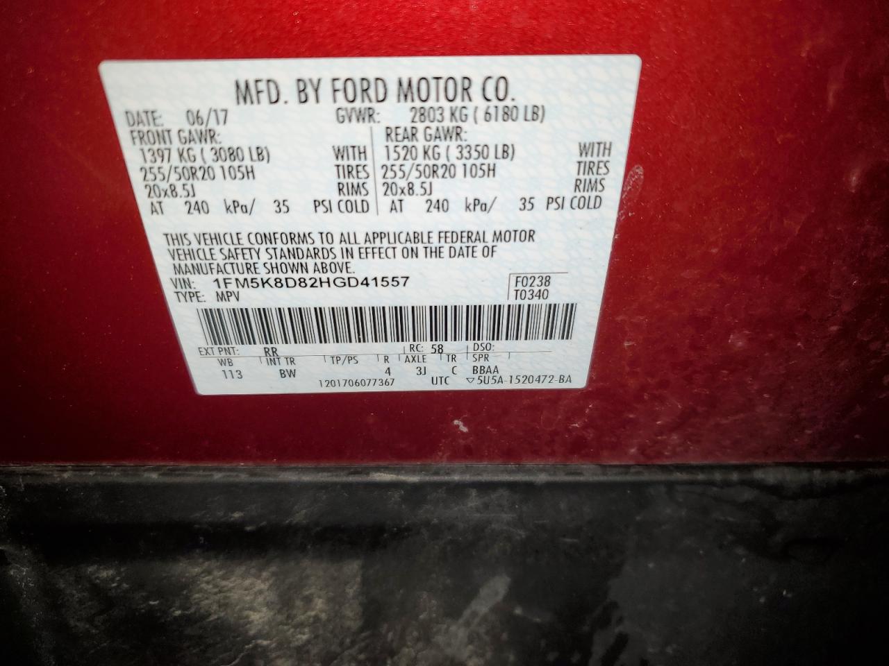 2017 Ford Explorer VIN 1FM5K8D82HGD41557 Copart auction photo, front end damage thumbnail 14