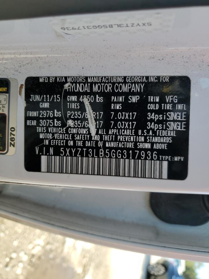 2016 Hyundai Santa Fe VIN 5XYZT3LB5GG317936 Copart auction photo, front end damage thumbnail 13