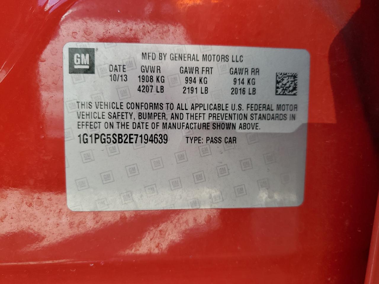 2014 Chevrolet Cruze VIN 1G1PG5SB2E7194639 Copart auction photo, front end / rear end damage thumbnail 12