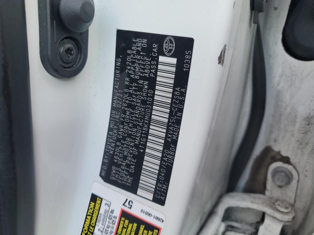 2021 Toyota Camry VIN 4T1G11BKXMU031010 Copart auction photo, front end / minor dent/scratches damage thumbnail 12
