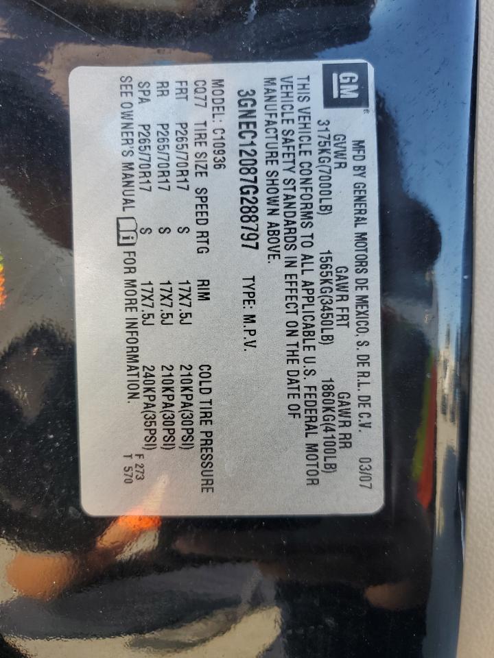 2007 Chevrolet Avalanche VIN 3GNEC12087G288797 Copart auction photo, water/flood damage thumbnail 13