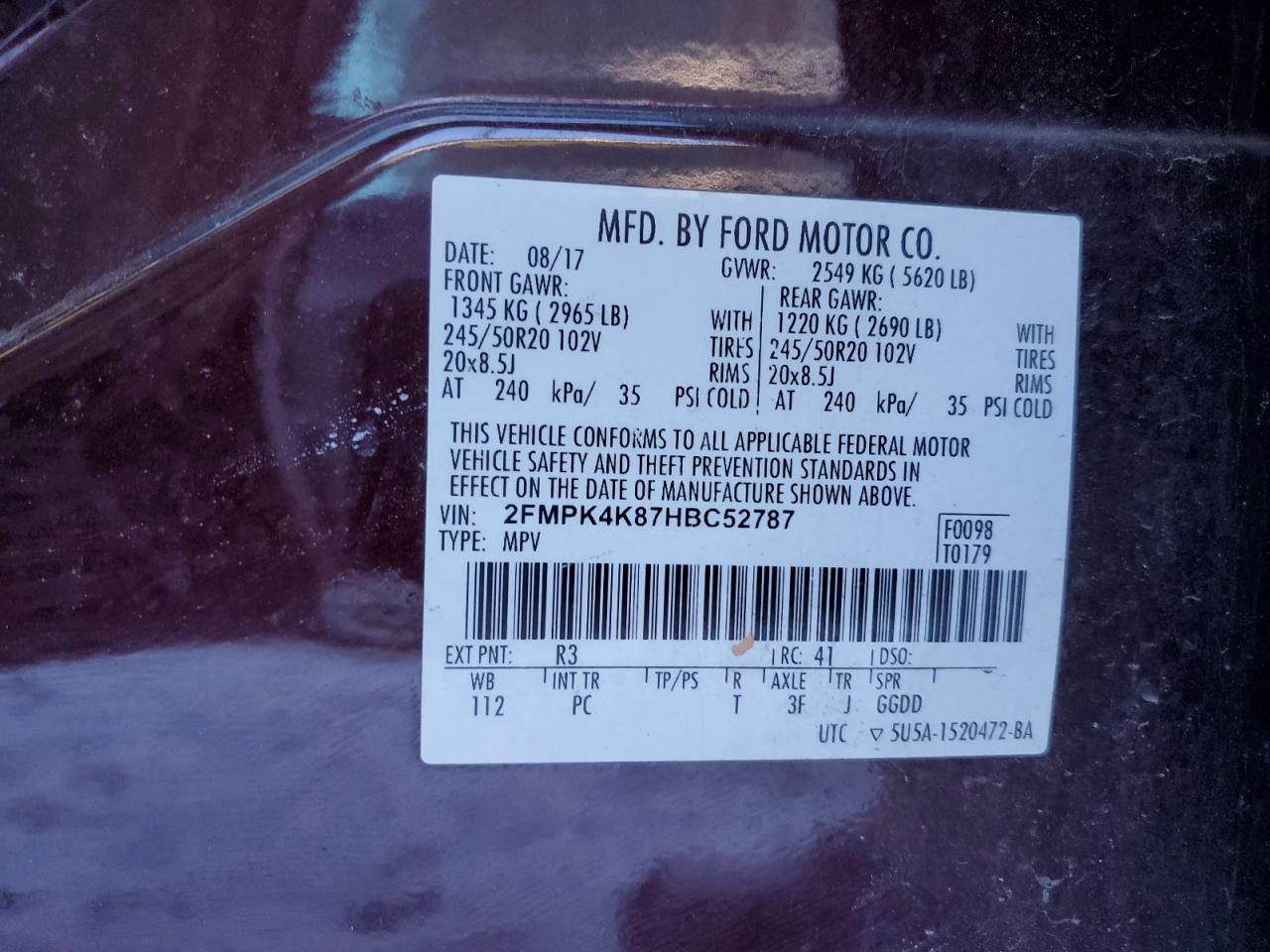 2017 Ford Edge VIN 2FMPK4K87HBC52787 Copart auction photo, front end / side damage thumbnail 13