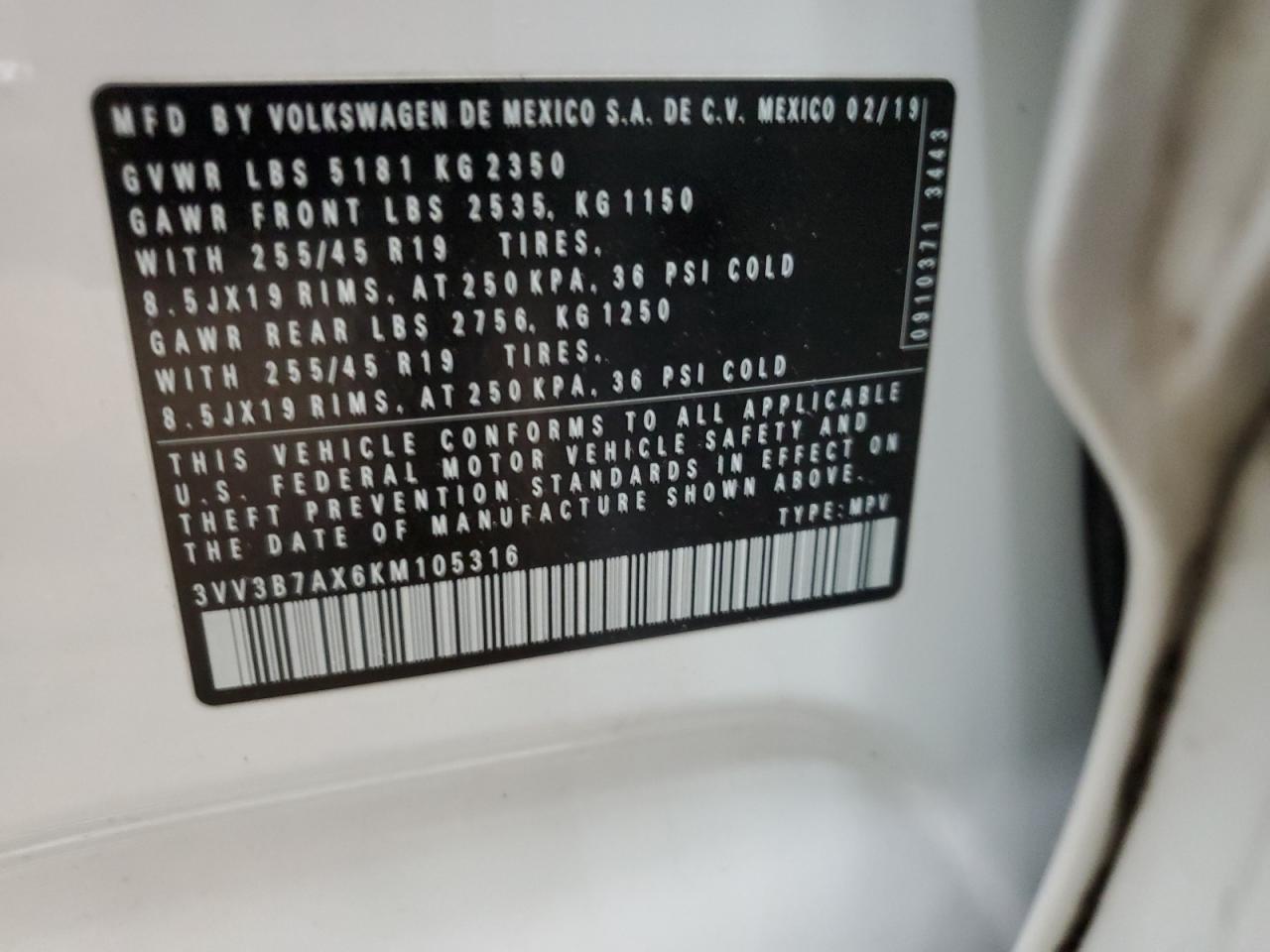 2019 Volkswagen Tiguan VIN 3VV3B7AX6KM105316 Copart auction photo, rear end damage thumbnail 13