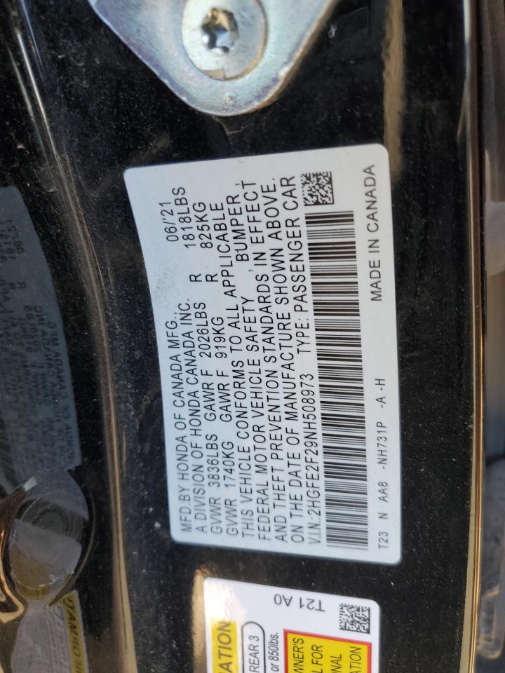 2022 Honda Civic VIN 2HGFE2F29NH508973 Copart auction photo, front end damage thumbnail 12