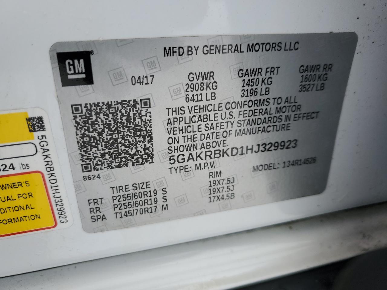 2017 Buick Enclave VIN 5GAKRBKD1HJ329923 Copart auction photo, front end damage thumbnail 13