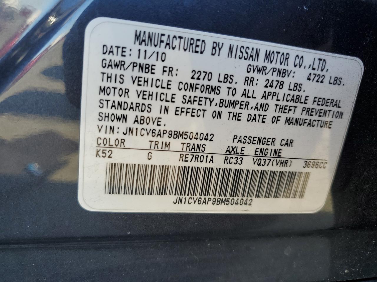 2011 Infiniti G VIN JN1CV6AP9BM504042 Copart auction photo, all over / vandalism damage thumbnail 12