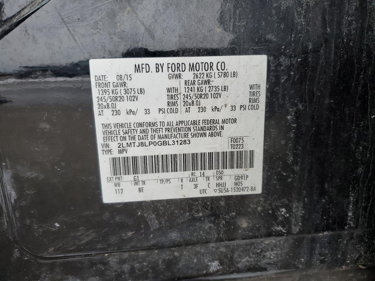 2016 Lincoln MKX VIN 2LMTJ8LP0GBL31283 Copart auction photo, front end / minor dent/scratches damage thumbnail 14