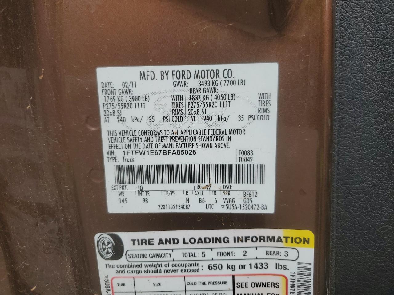 2011 Ford F-150 VIN 1FTFW1E67BFA85026 Copart auction photo, all over / minor dent/scratches damage thumbnail 14