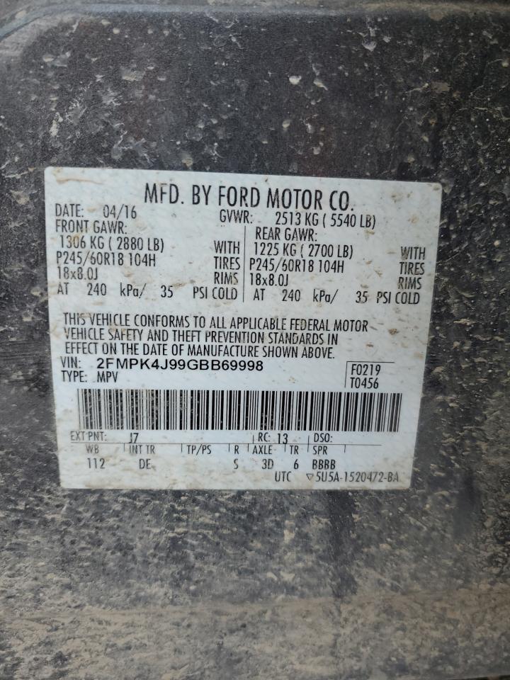2016 Ford Edge VIN 2FMPK4J99GBB69998 Copart auction photo, front end / side damage thumbnail 14