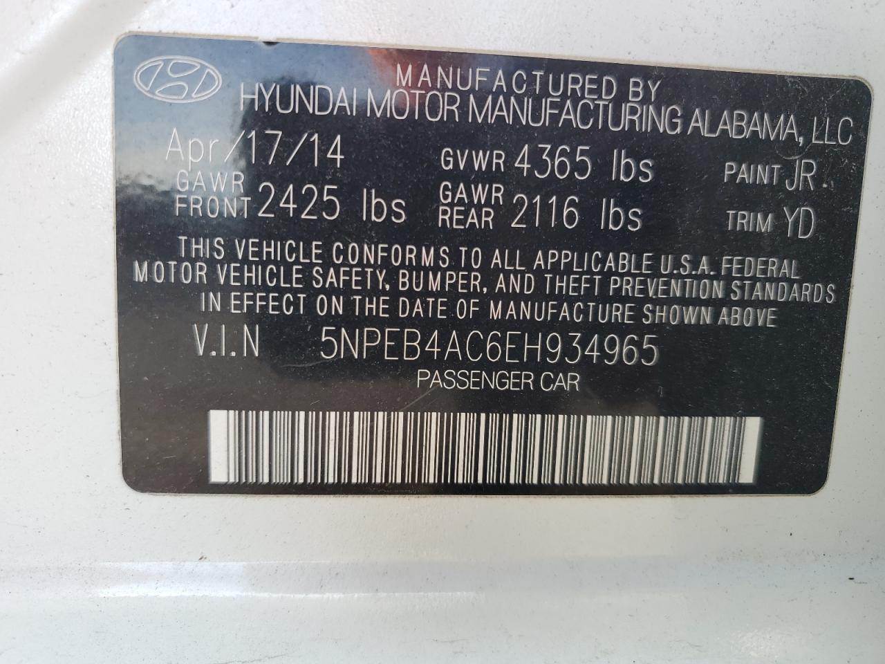 2014 Hyundai Sonata VIN 5NPEB4AC6EH934965 Copart auction photo, front end damage thumbnail 12