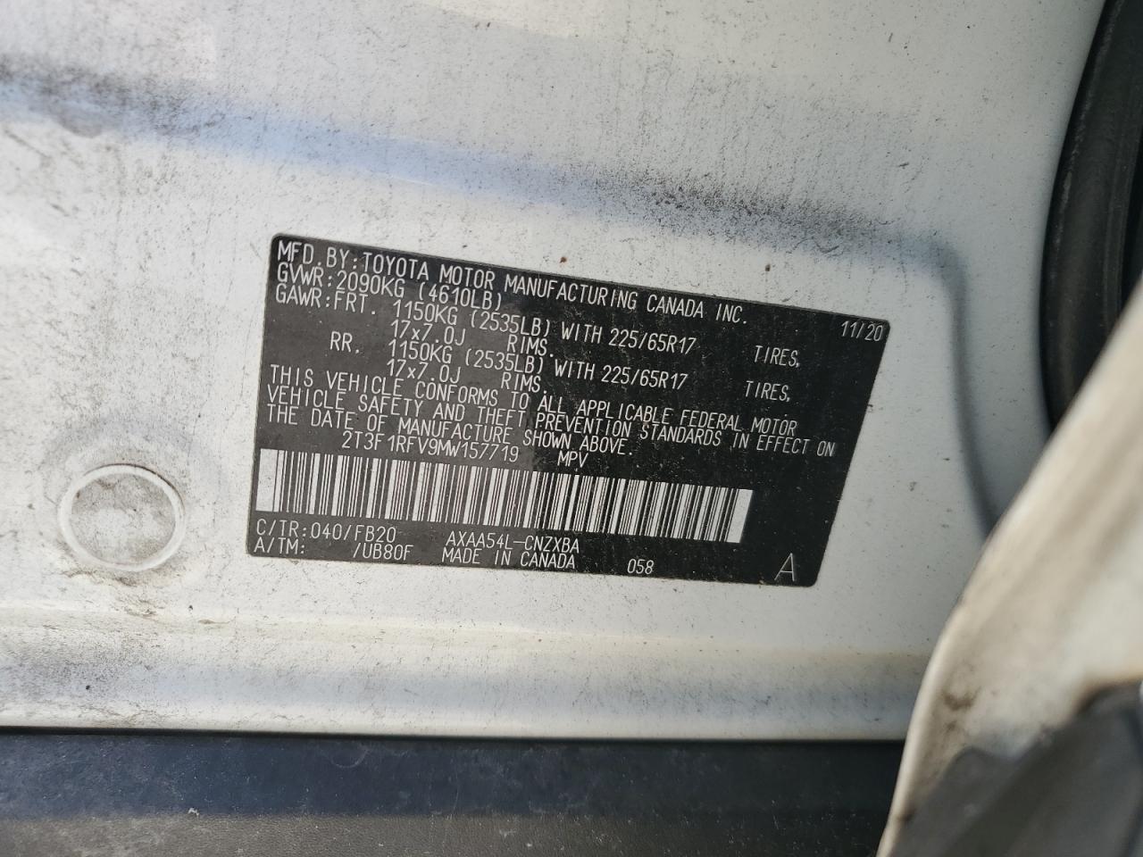 2021 Toyota RAV 4 VIN 2T3F1RFV9MW157719 Copart auction photo, rear end damage thumbnail 14