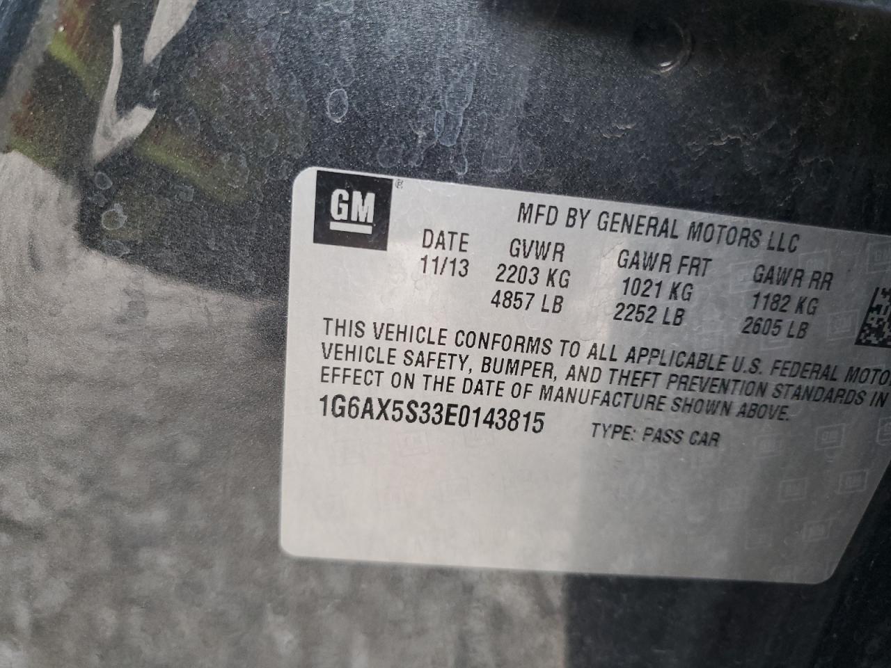 2014 Cadillac CTS VIN 1G6AX5S33E0143815 Copart auction photo, vandalism damage thumbnail 13