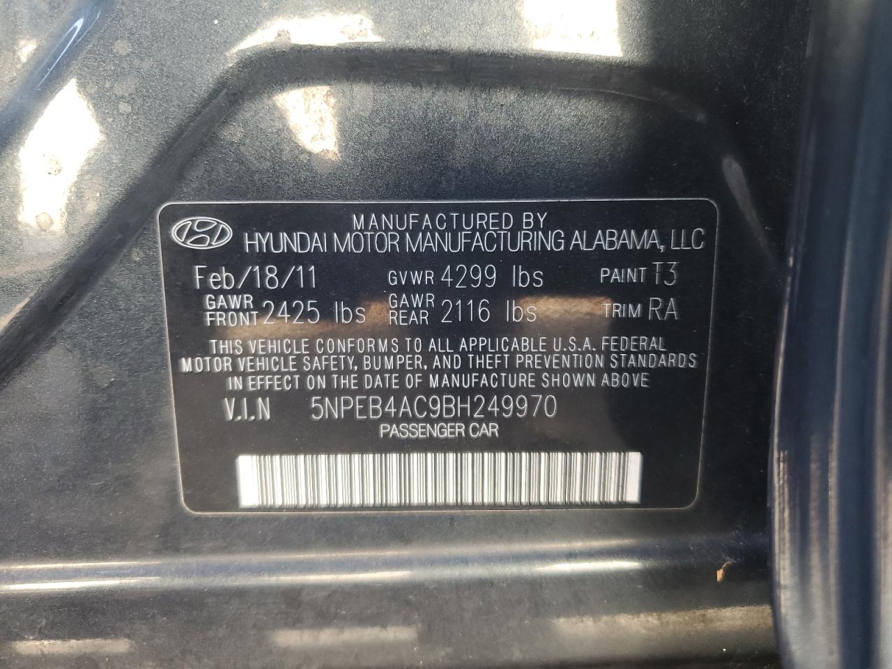 2011 Hyundai Sonata VIN 5NPEB4AC9BH249970 Copart auction photo, front end damage thumbnail 12