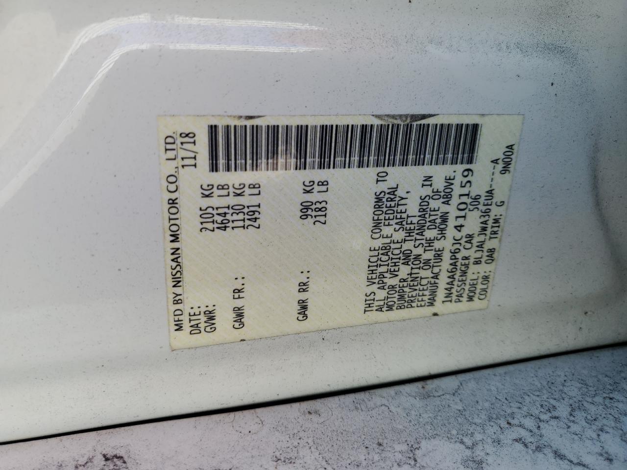 2018 Nissan Maxima VIN 1N4AA6AP6JC410159 Copart auction photo, front end / rear end damage thumbnail 12