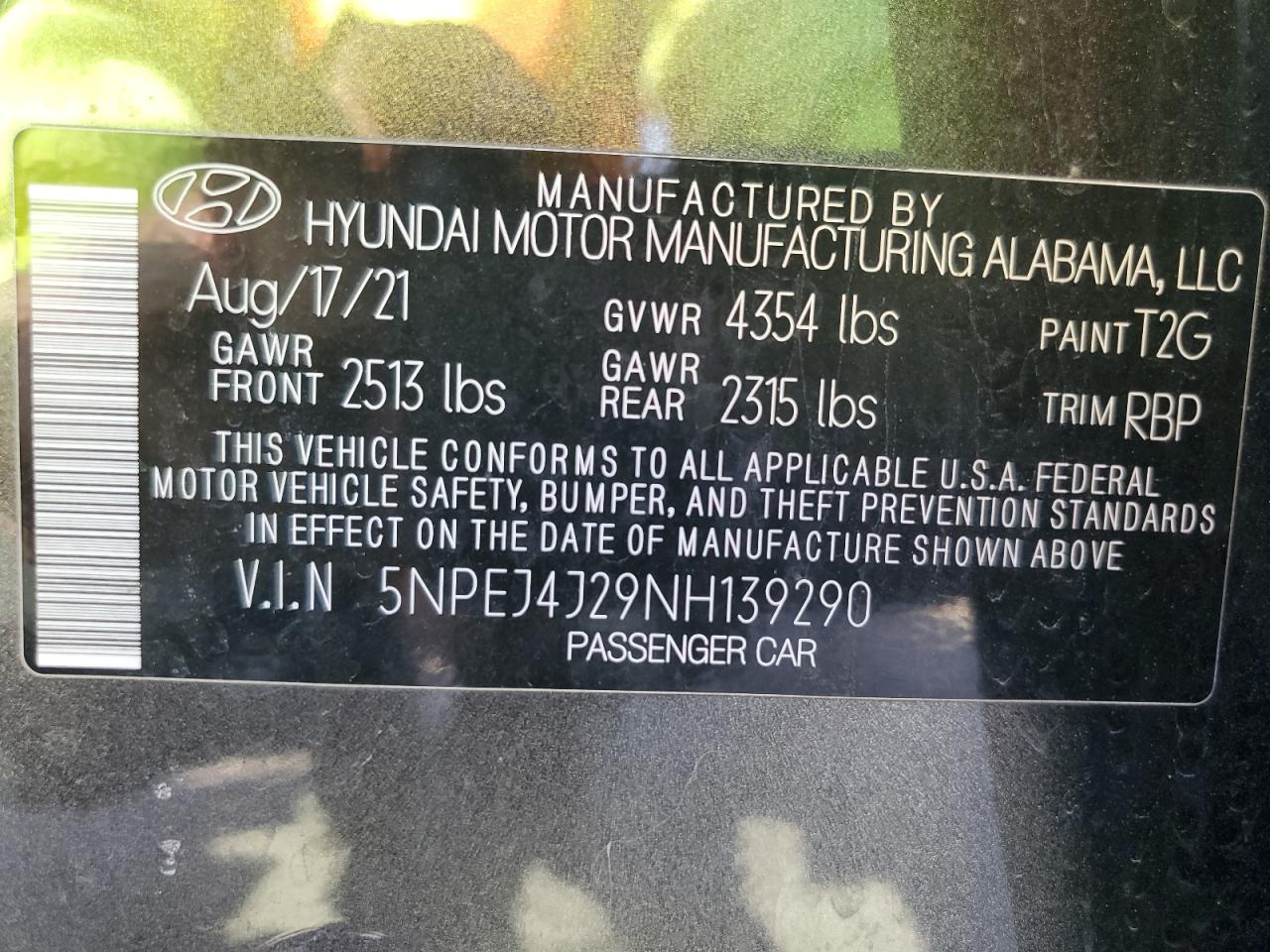 2022 Hyundai Sonata VIN 5NPEJ4J29NH139290 Copart auction photo, front end / all over damage thumbnail 12