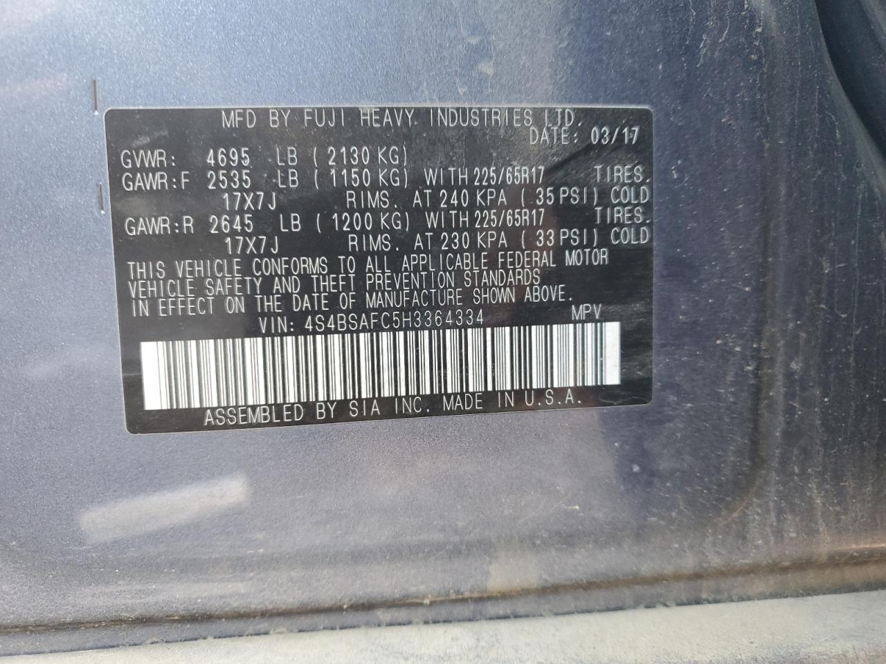 2017 Subaru Outback VIN 4S4BSAFC5H3364334 Copart auction photo, rear end / front end damage thumbnail 13