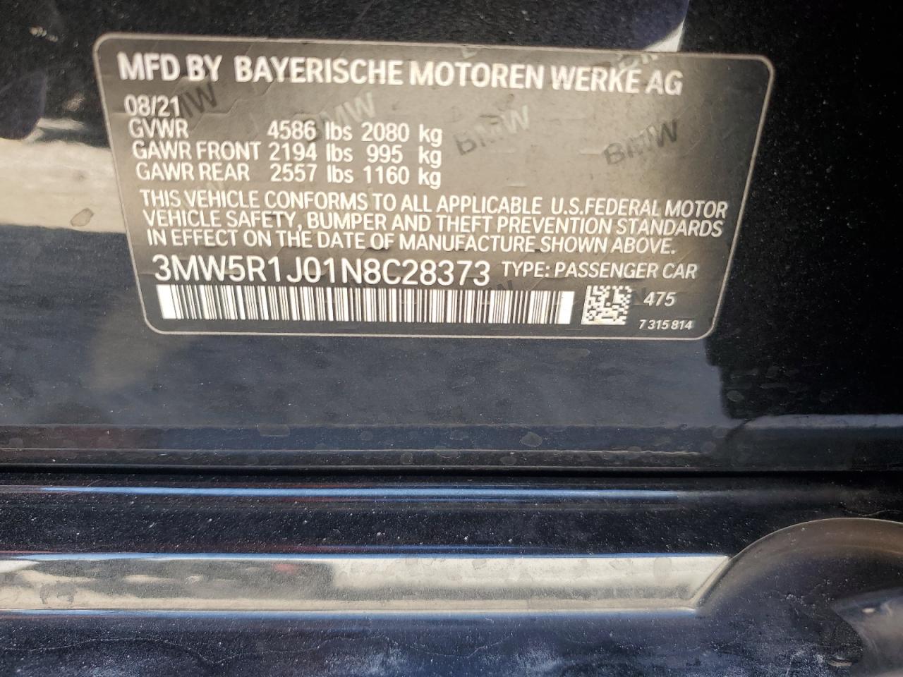 2022 BMW 3er VIN 3MW5R1J01N8C28373 Copart auction photo, front end / minor dent/scratches damage thumbnail 12
