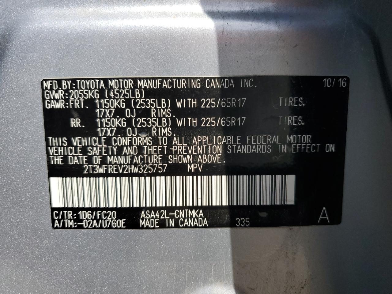 2017 Toyota RAV 4 VIN 2T3WFREV2HW325757 Copart auction photo, front end / rear end damage thumbnail 15