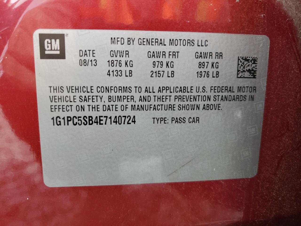 2014 Chevrolet Cruze VIN 1G1PC5SB4E7140724 Copart auction photo, all over damage thumbnail 14
