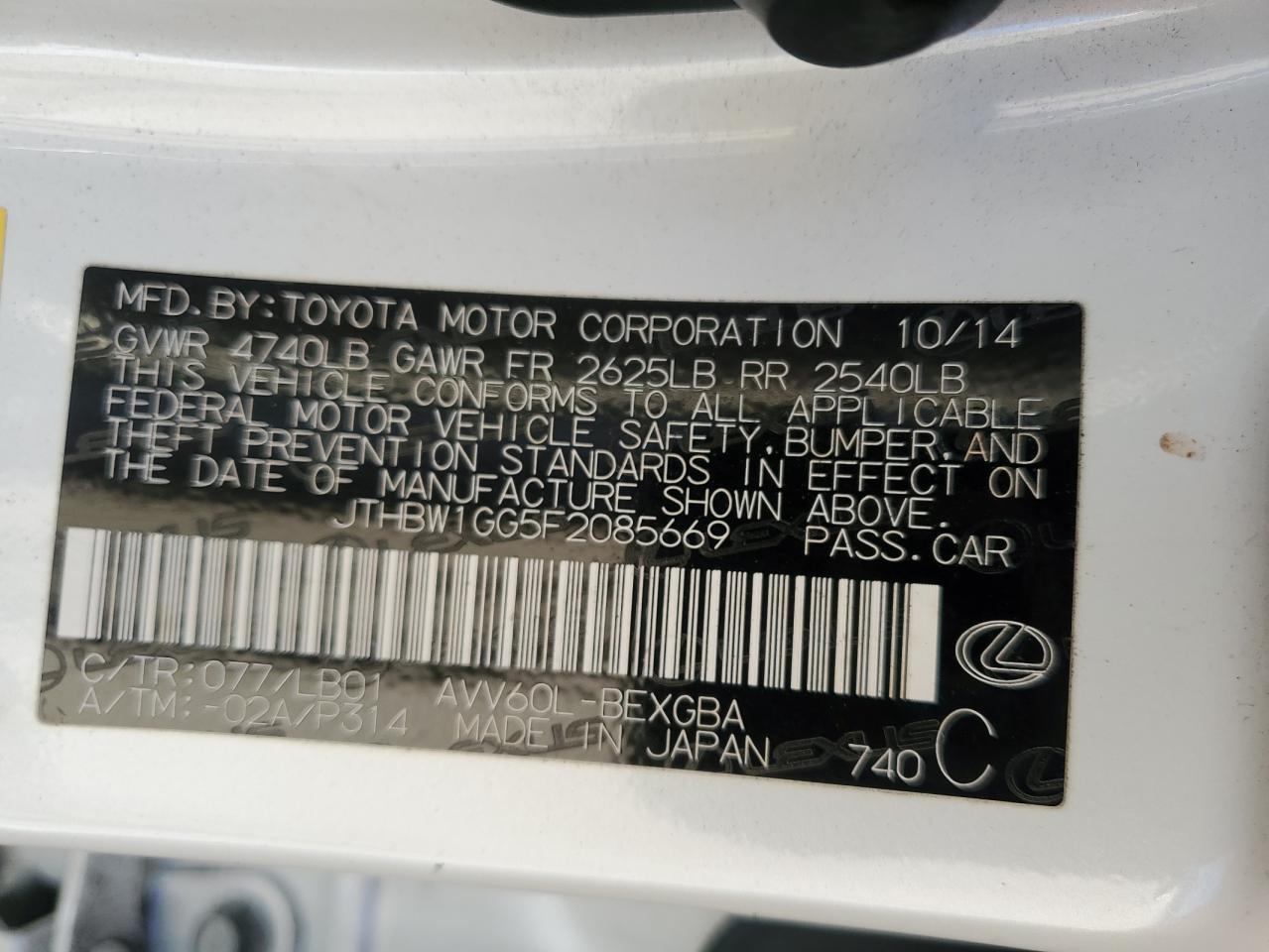 2015 Lexus ES VIN JTHBW1GG5F2085669 Copart auction photo, front end / minor dent/scratches damage thumbnail 12