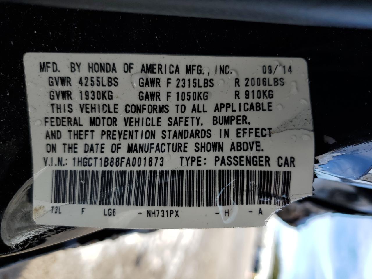 2015 Honda Accord VIN 1HGCT1B88FA001673 Copart auction photo, side / rear end damage thumbnail 14