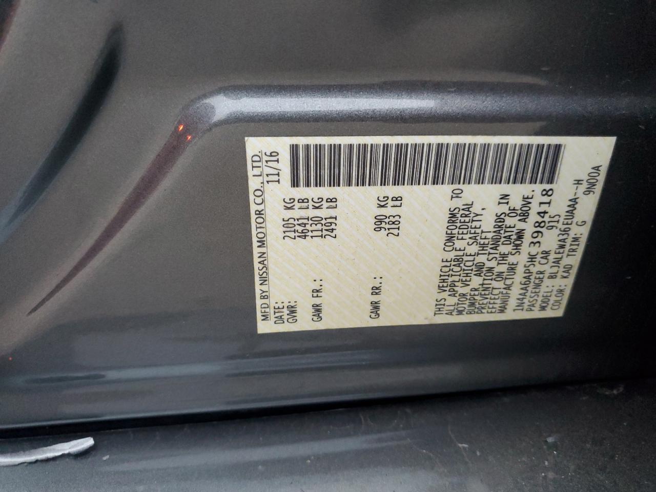 2017 Nissan Maxima VIN 1N4AA6AP5HC398418 Copart auction photo, front end / side damage thumbnail 14