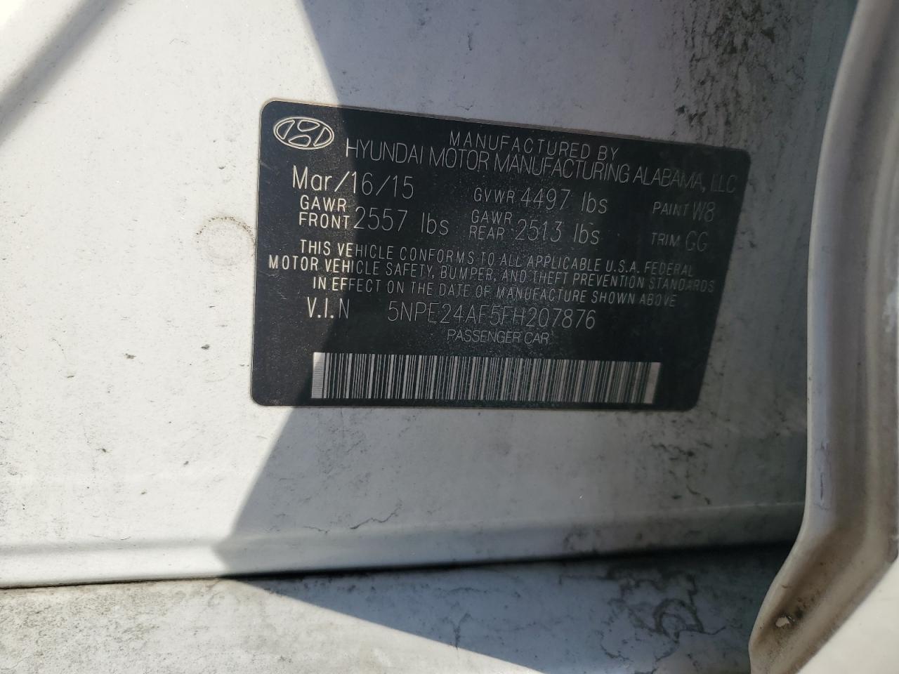 2015 Hyundai Sonata VIN 5NPE24AF5FH207876 Copart auction photo, vandalism damage thumbnail 12