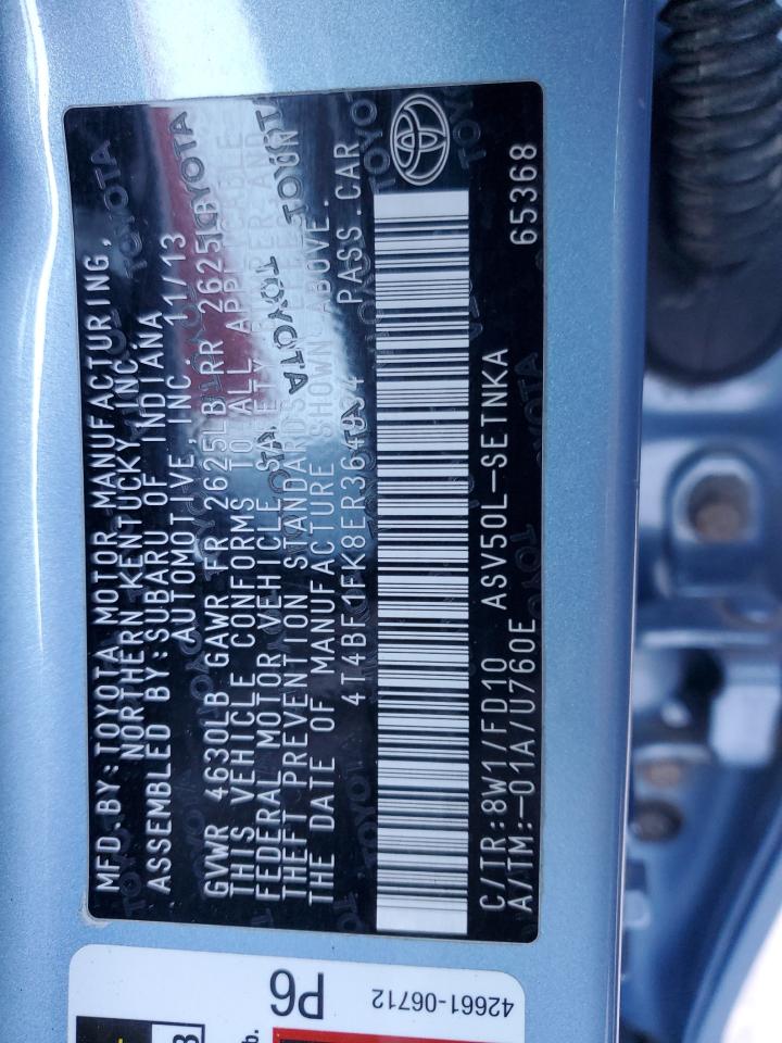 2014 Toyota Camry VIN 4T4BF1FK8ER364934 Copart auction photo, front end / side damage thumbnail 13