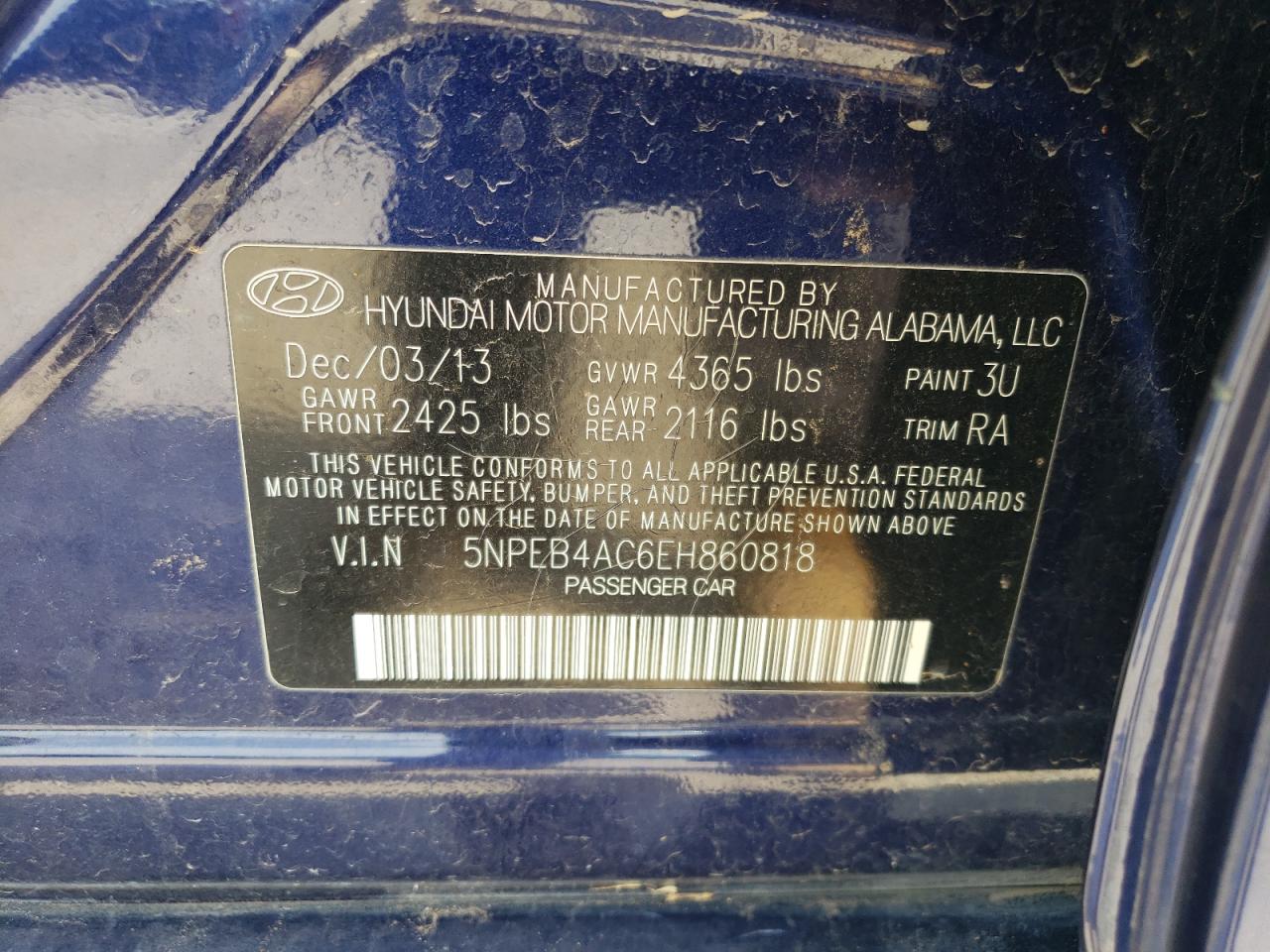 2014 Hyundai Sonata VIN 5NPEB4AC6EH860818 Copart auction photo, water/flood / minor dent/scratches damage thumbnail 13