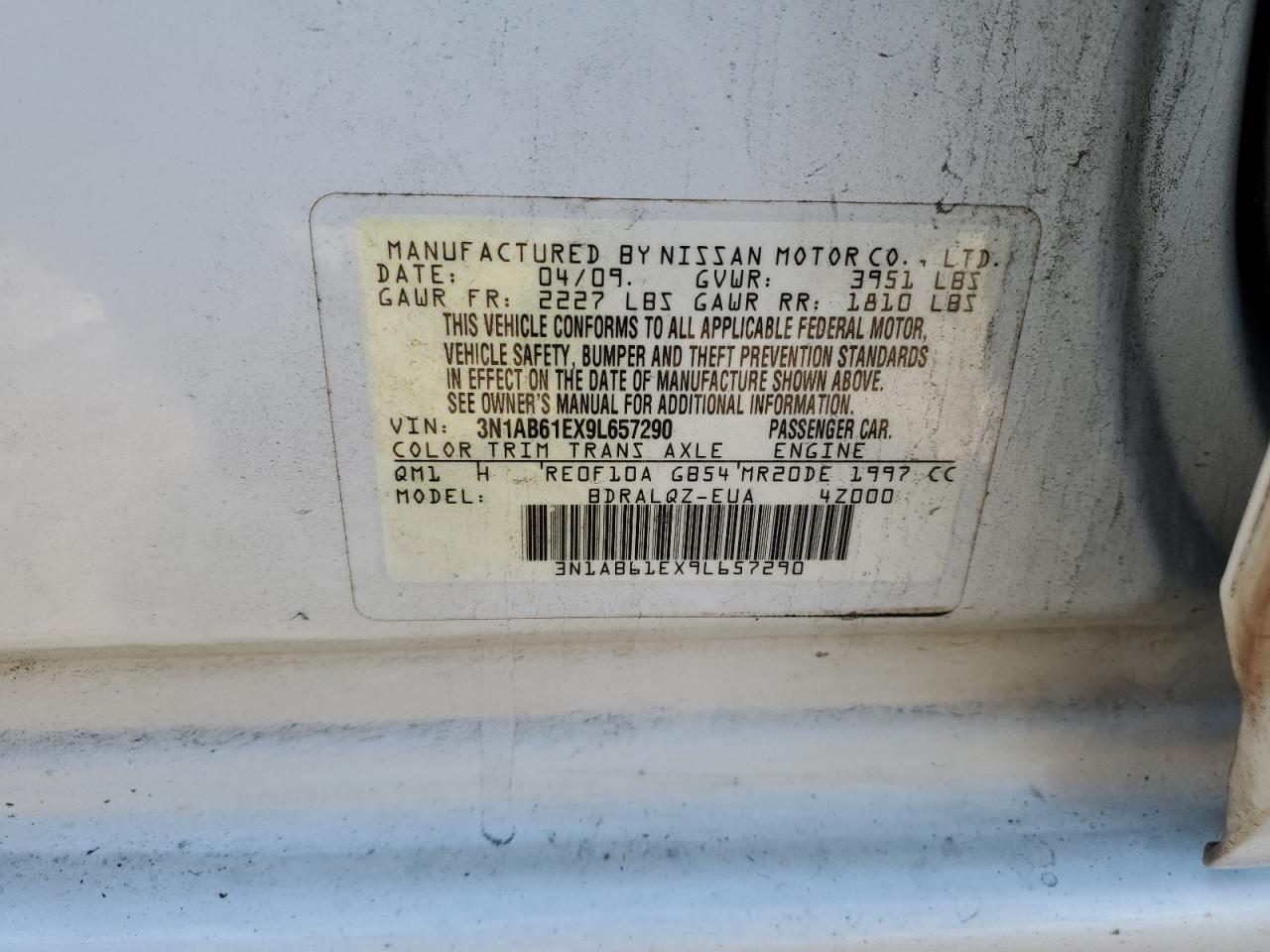 2009 Nissan Sentra VIN 3N1AB61EX9L657290 Copart auction photo, front end / side damage thumbnail 14