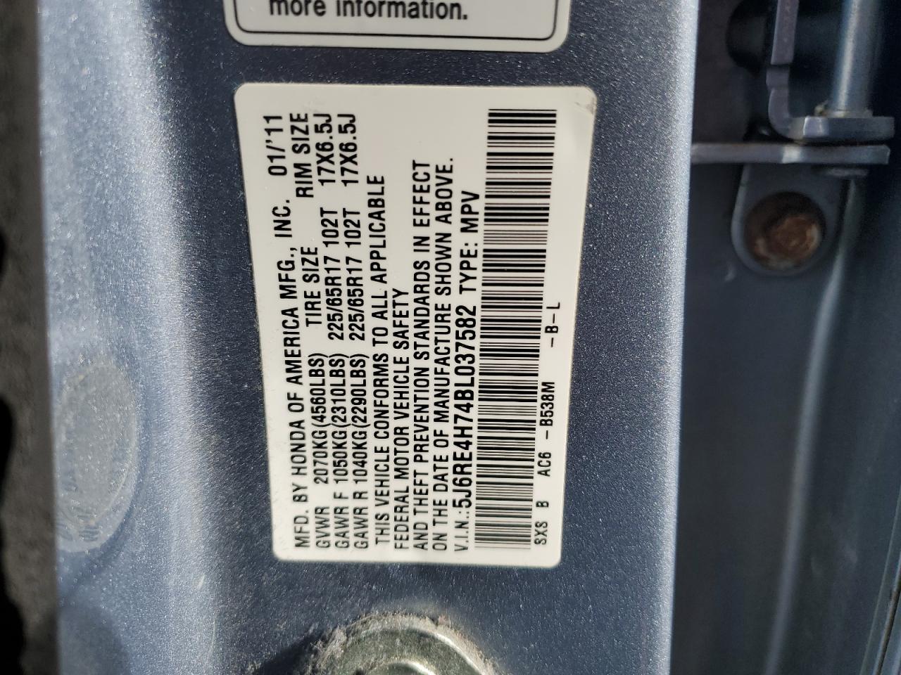2011 Honda CR-V VIN 5J6RE4H74BL037582 Copart auction photo, mechanical damage thumbnail 13