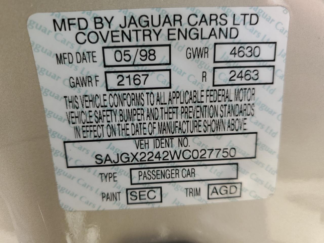 1998 Jaguar XK VIN SAJGX2242WC027750 Copart auction photo, front end damage thumbnail 12
