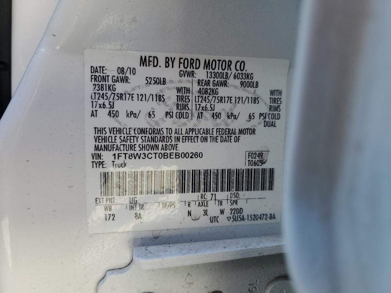 2011 Ford F350 VIN 1FT8W3CT0BEB00260 Copart auction photo, minor dent/scratches damage thumbnail 12