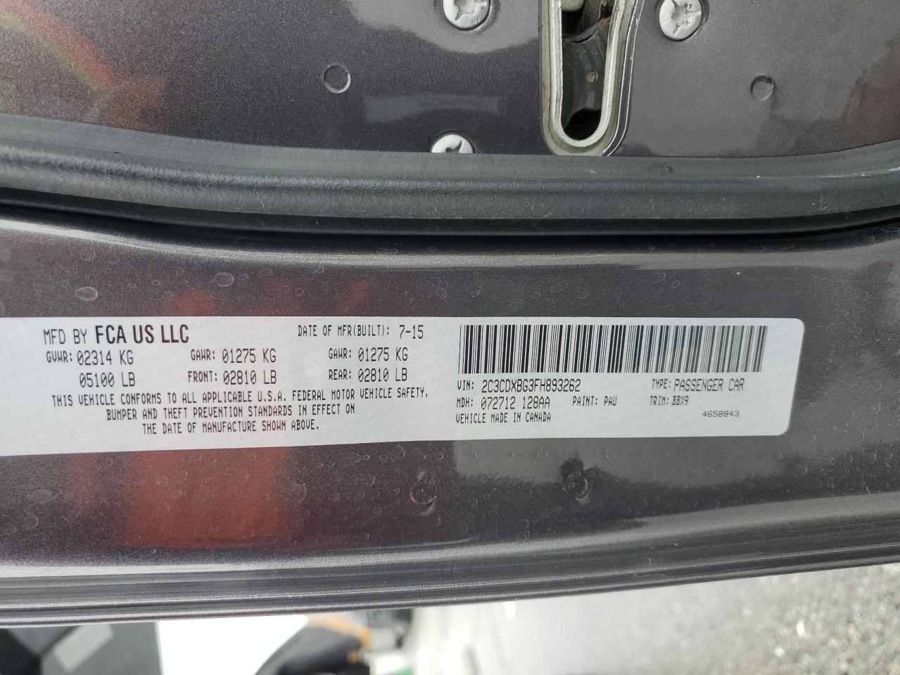 2015 Dodge Charger VIN 2C3CDXBG3FH893262 Copart auction photo, front end / side damage thumbnail 14