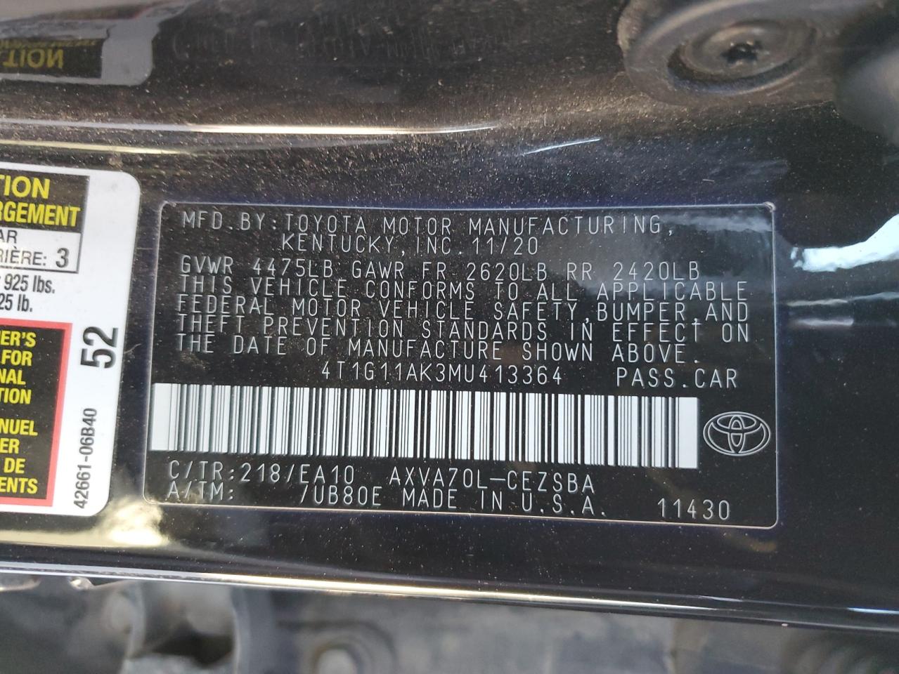 2021 Toyota Camry VIN 4T1G11AK3MU413364 Copart auction photo, front end / hail damage thumbnail 13