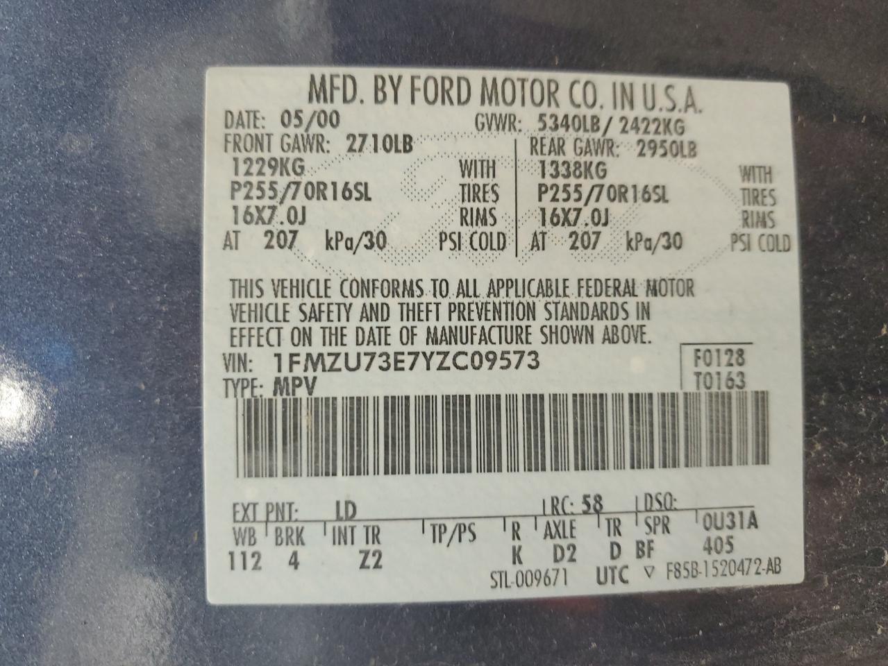 2000 Ford Explorer VIN 1FMZU73E7YZC09573 Copart auction photo, front end / minor dent/scratches damage thumbnail 13