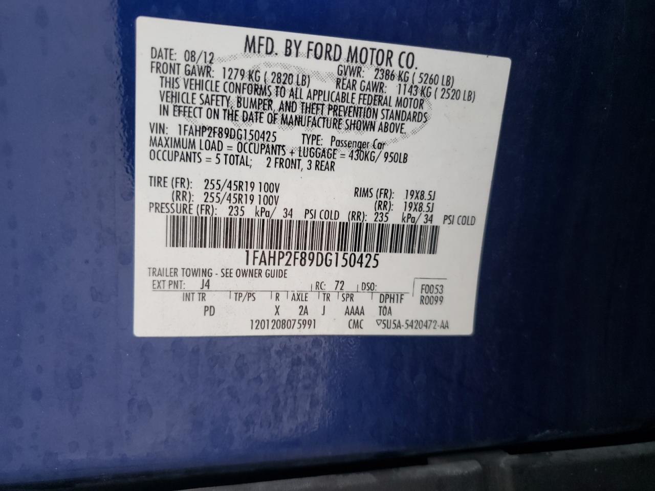 2013 Ford Taurus VIN 1FAHP2F89DG150425 Copart auction photo, front end / minor dent/scratches damage thumbnail 14