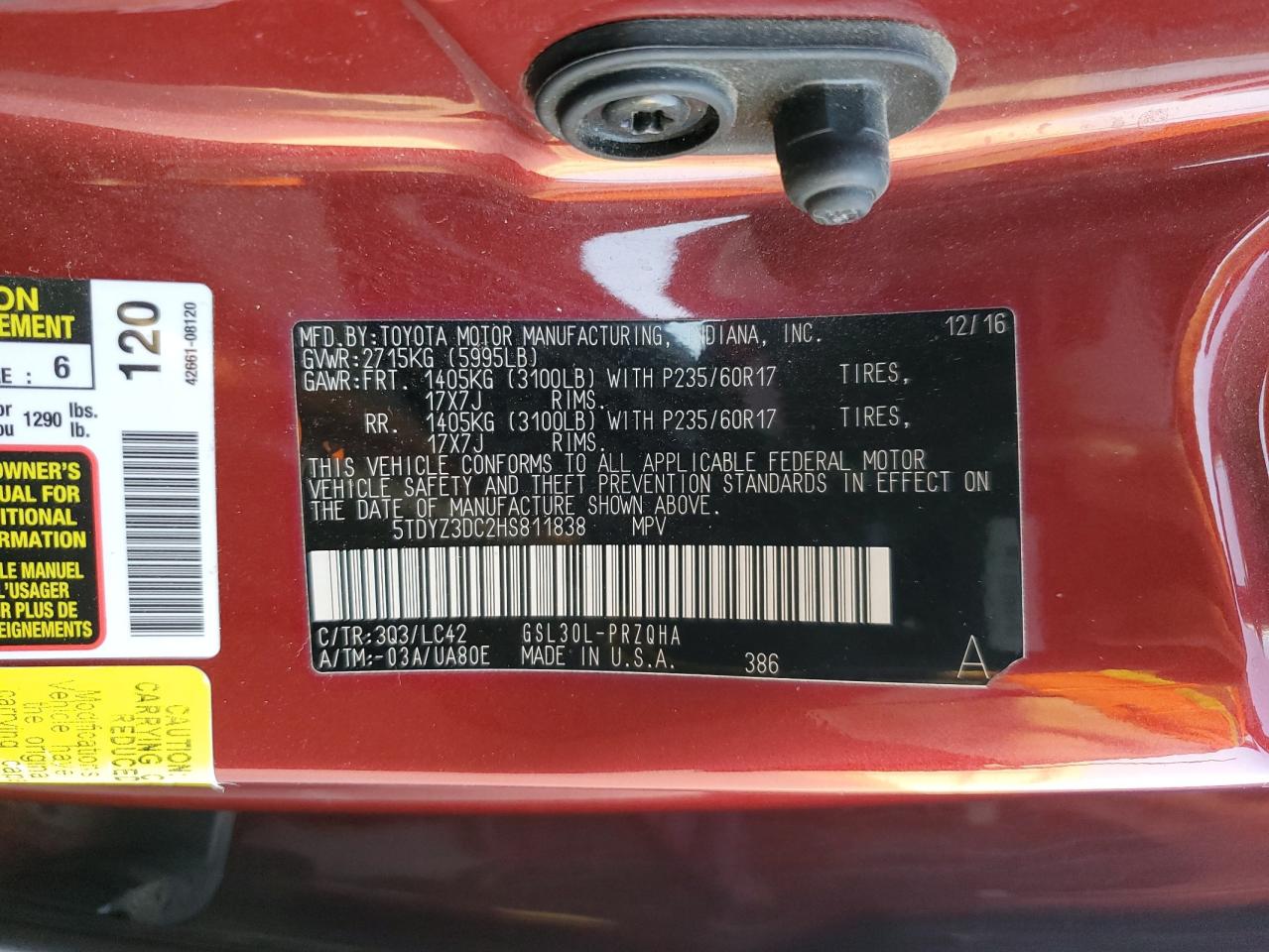 2017 Toyota Sienna VIN 5TDYZ3DC2HS811838 Copart auction photo, front end damage thumbnail 14