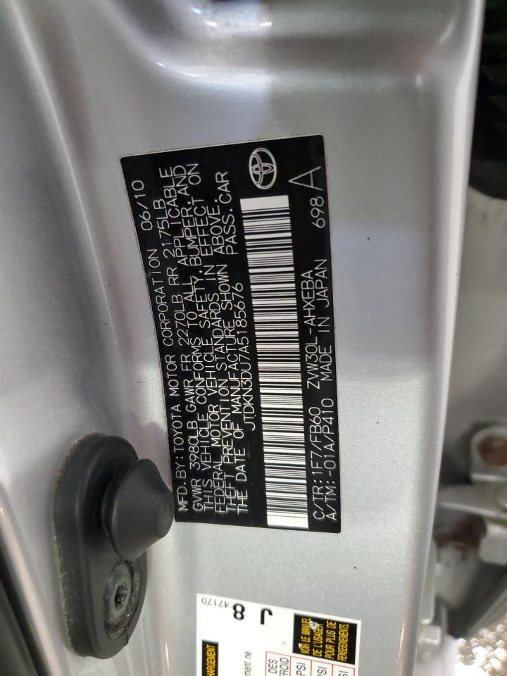 2010 Toyota Prius VIN JTDKN3DU7A5185676 Copart auction photo, front end / rear end damage thumbnail 12