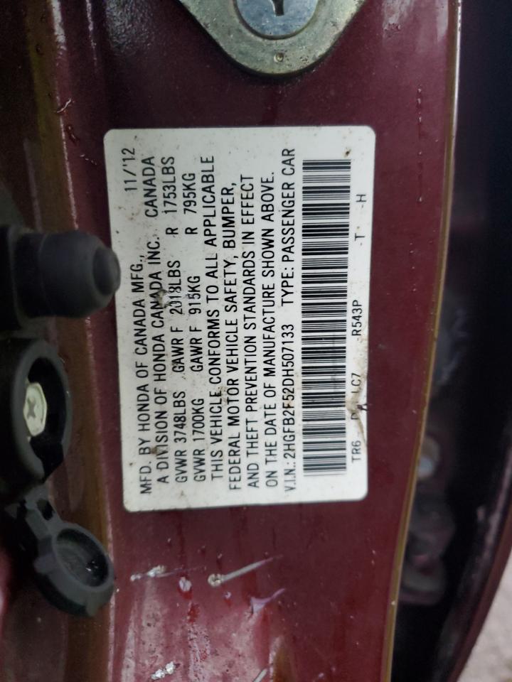 2013 Honda Civic VIN 2HGFB2F52DH507133 Copart auction photo, front end damage thumbnail 12