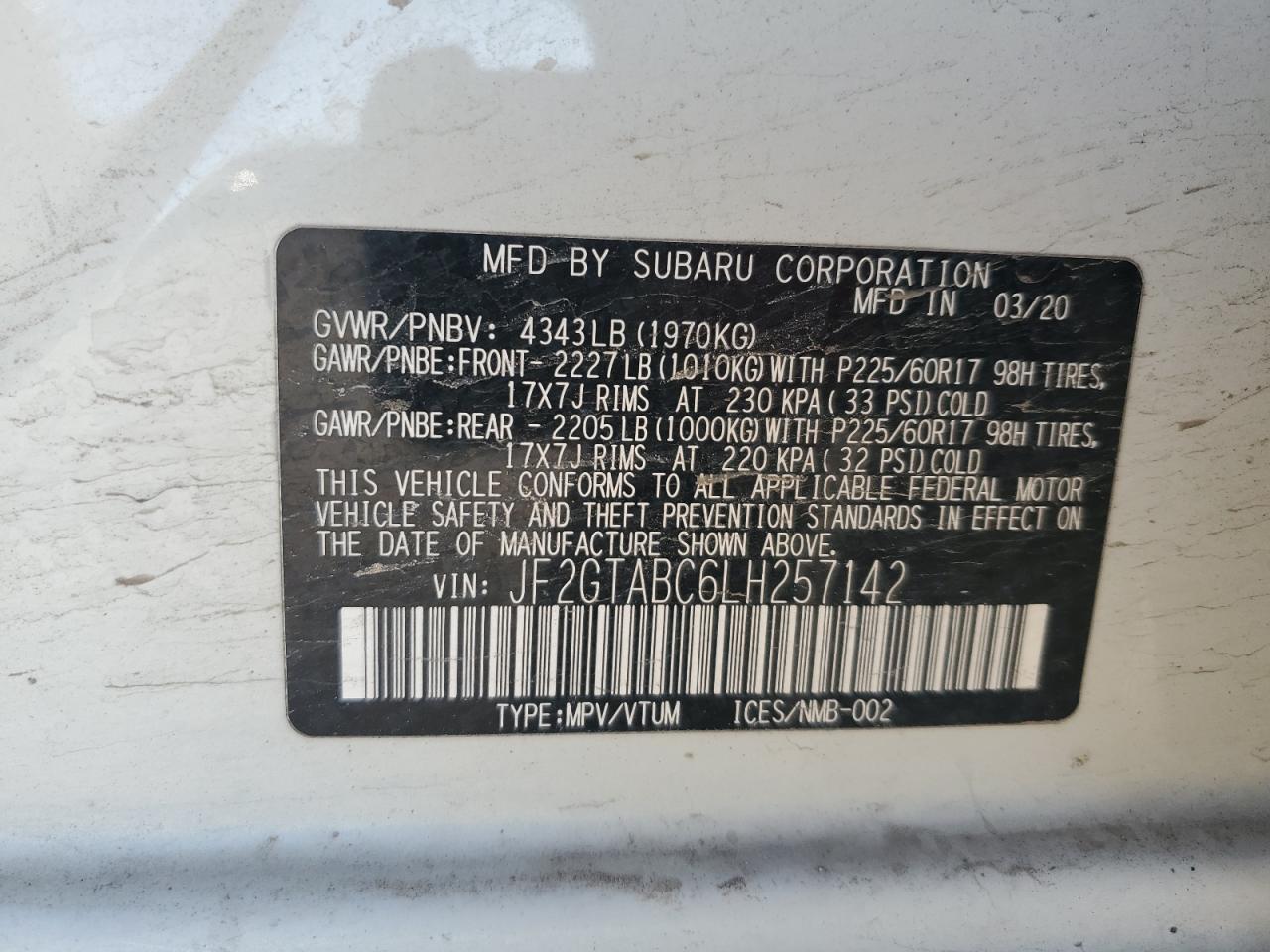 2020 Subaru XV VIN JF2GTABC6LH257142 Copart auction photo, front end / mechanical damage thumbnail 14