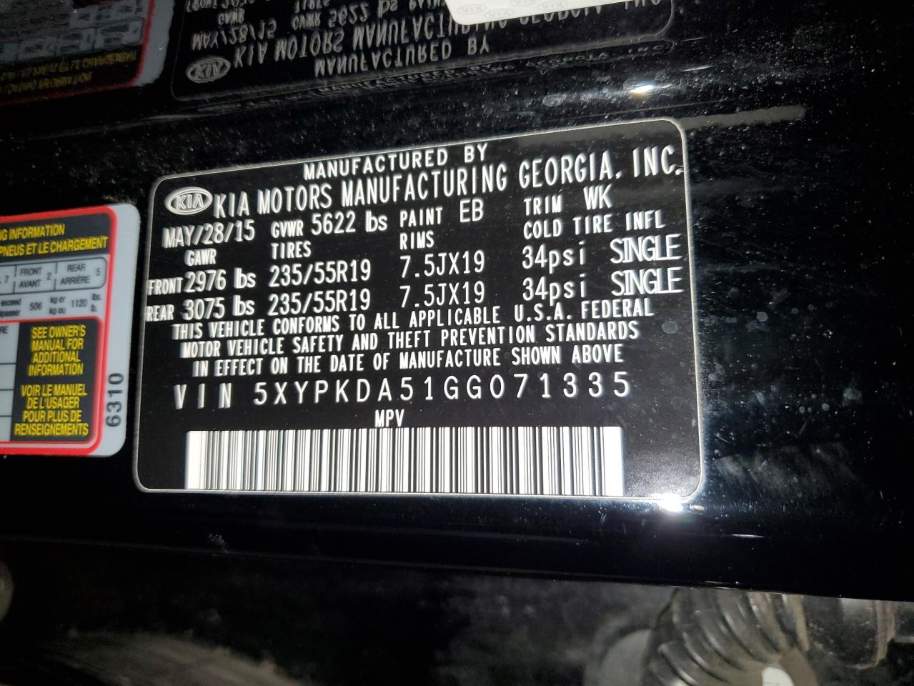2016 KIA Sorento VIN 5XYPKDA51GG071335 Copart auction photo, rear end / side damage thumbnail 15